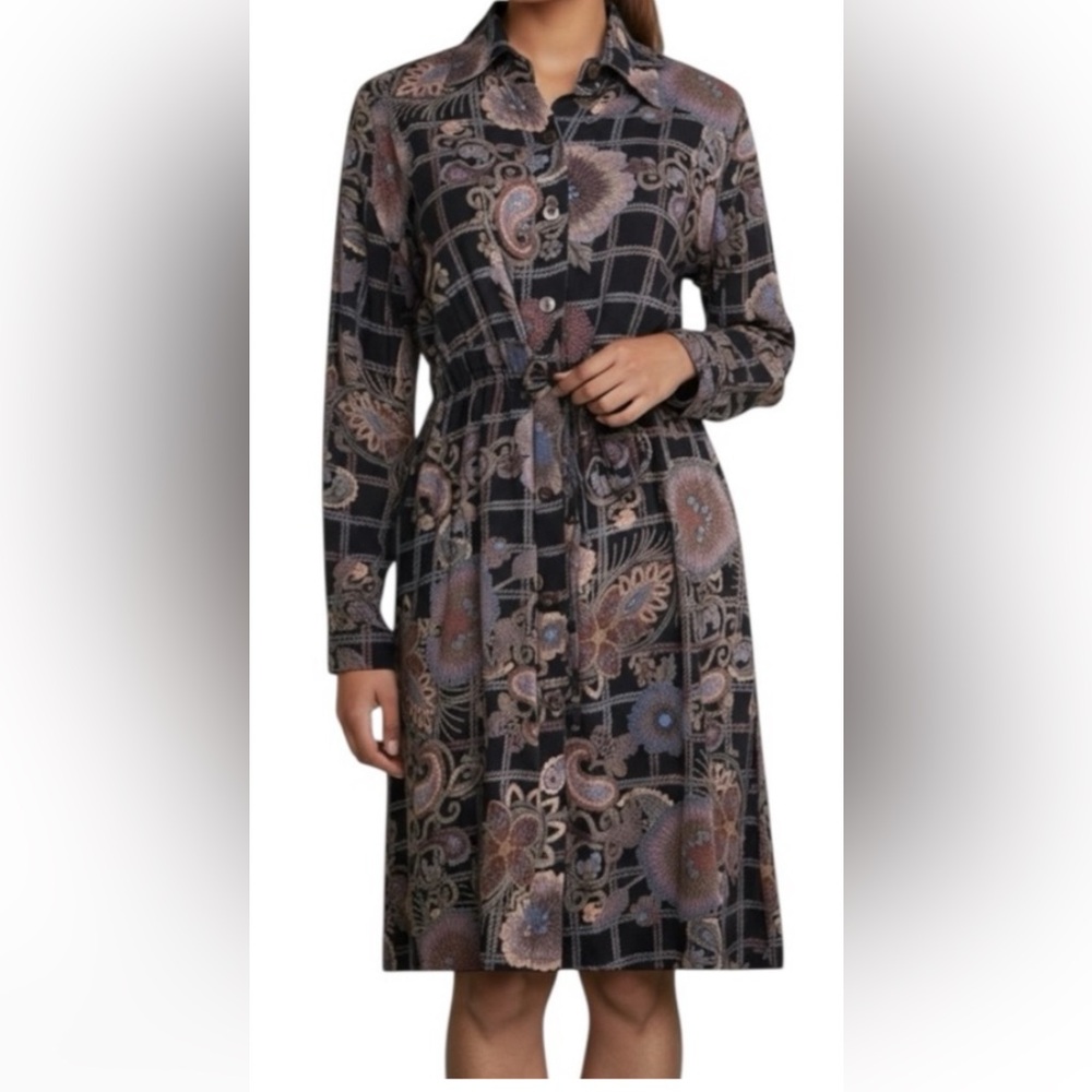 Sacred Threads Bohemian Black/Purple Abstract Belted Shirt Dress M New